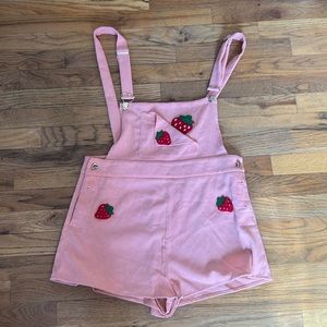 Strawberry overalls with heart buttons